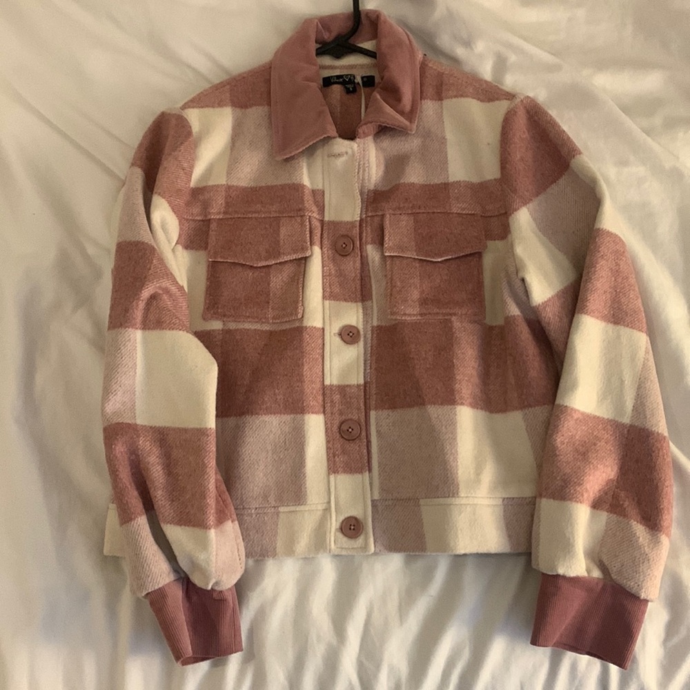 Pink Buffalo check plaid with corduroy cuffs and collar